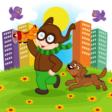 pilot boy runs with a dogのイラスト素材