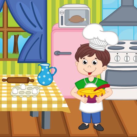 boy chef preparing lunchのイラスト素材