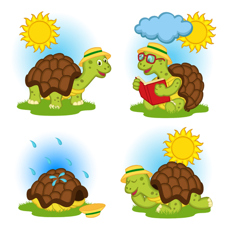 turtle reading a book and hides from the rainのイラスト素材