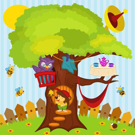 hedgehog came to visit owlのイラスト素材