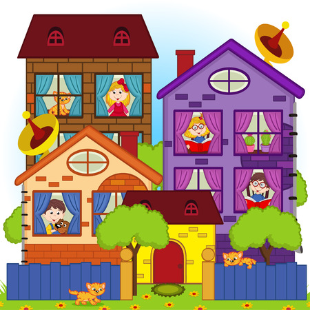 home with the children in the windowsのイラスト素材