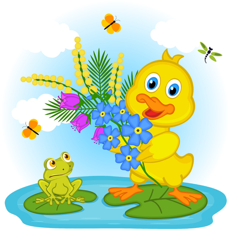 duckling with flowers - illustrationのイラスト素材