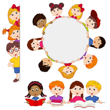 kids peeping behind placardのイラスト素材