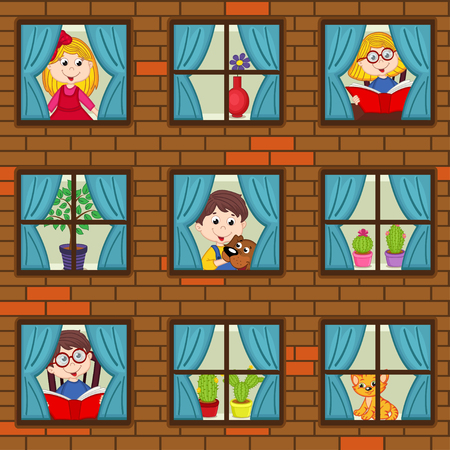 seamless pattern brick wall with children in windowsのイラスト素材