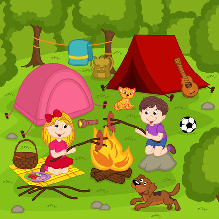 children fry sausages on the bonfire in the summer campのイラスト素材