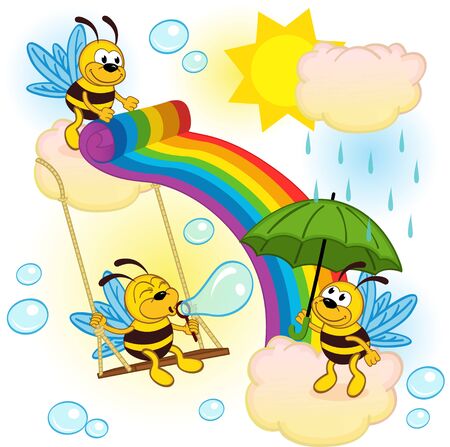 bees playing in sky with a rainbowのイラスト素材