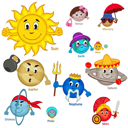 set of isolated smiling planet of solar systemのイラスト素材