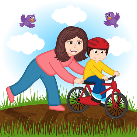 mother teaches a child to ride a bikeのイラスト素材