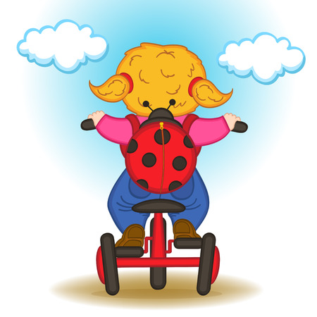 girl with backpack in form of ladybug rides bicycleのイラスト素材