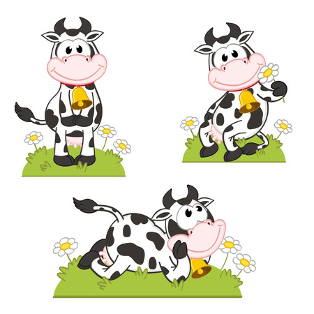 set of isolated cow in the meadowのイラスト素材
