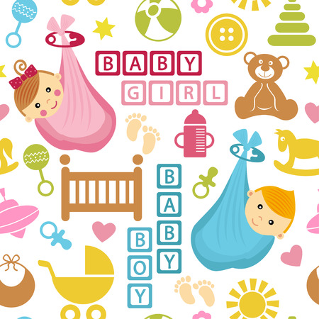 seamless pattern with icons and babies in bagのイラスト素材