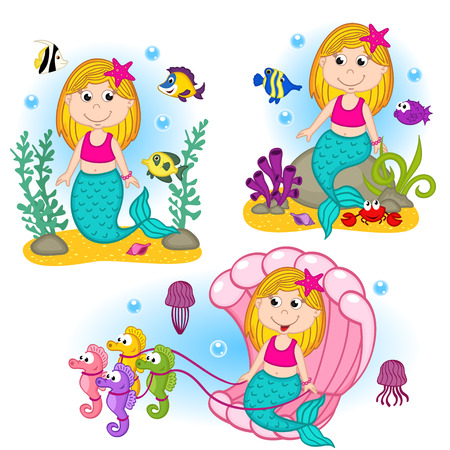 set of isolated mermaid under the waterのイラスト素材