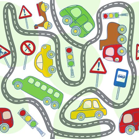 seamless pattern with cars and traffic signsのイラスト素材