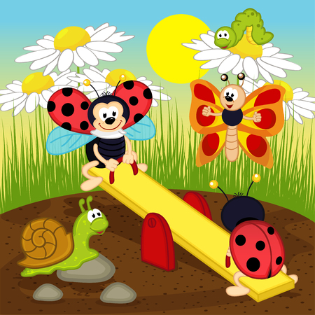ladybugs swinging on swingのイラスト素材