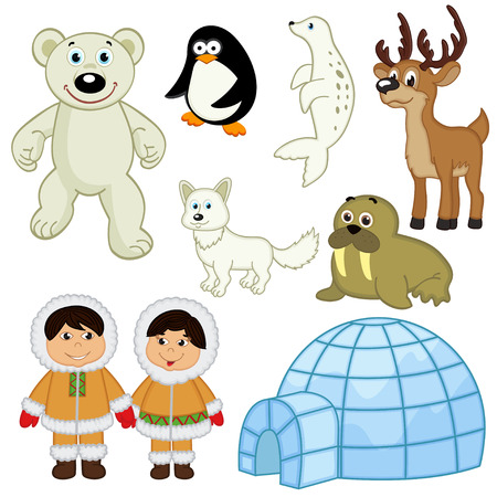 set of isolated animals and people in the Arcticのイラスト素材