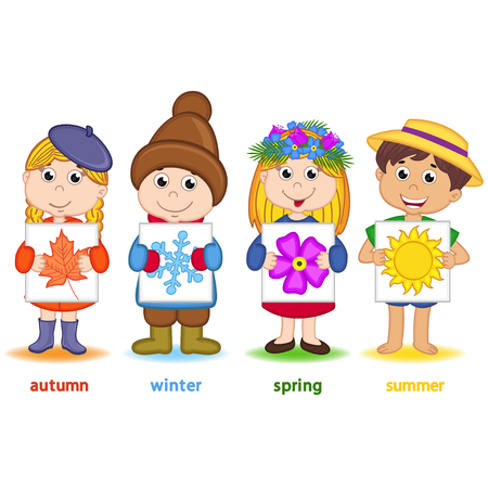 children holding a sheet of paper with icons of seasons - vector illustrationのイラスト素材