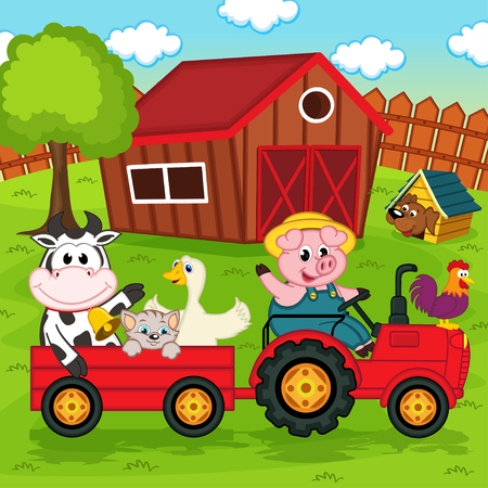 farm animals ride on the tractor in the yard - vector illustration, epsのイラスト素材