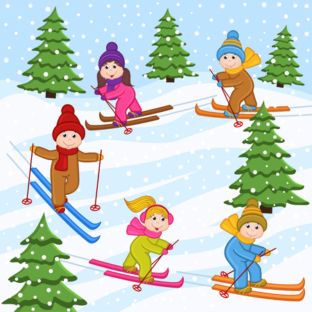 children skiing on snow mountain - vector illustration, epsのイラスト素材