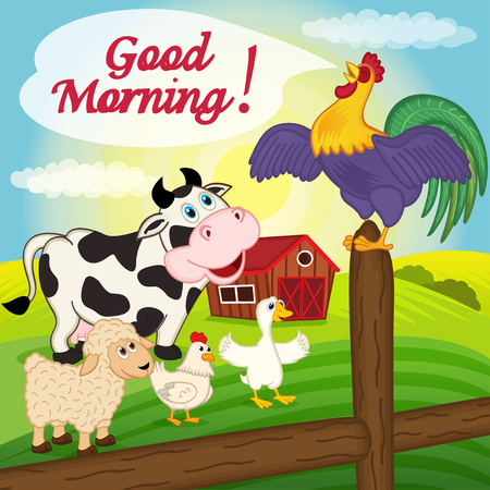 rooster sings on a fence in the morning - vector illustration, epsのイラスト素材