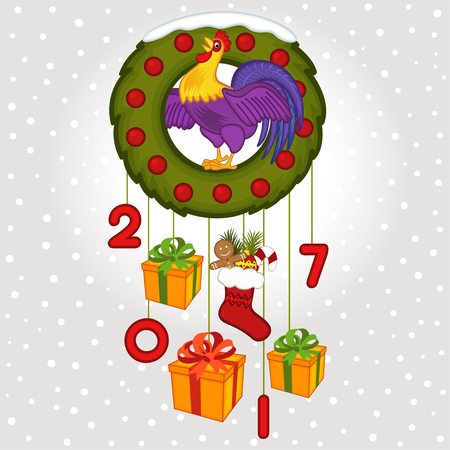 Christmas wreath with symbol 2017 roosterのイラスト素材