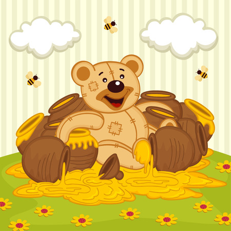 teddy bear among pot of honey on meadow -  illustration, epsのイラスト素材