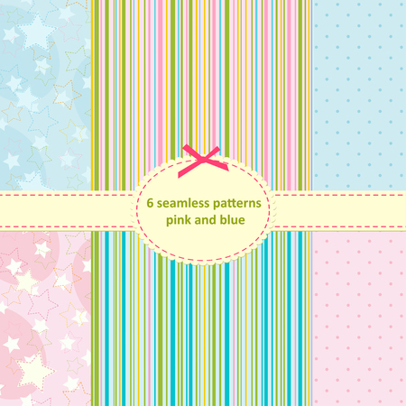 set of seamless pattern of blue and pinkのイラスト素材