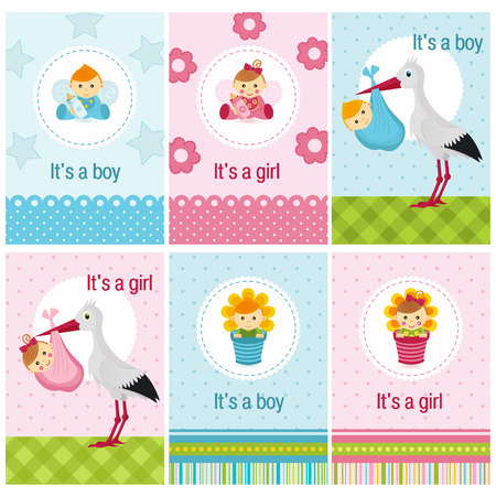 set of cards with baby girl and boyのイラスト素材