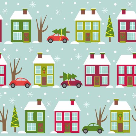 seamless pattern with houses and cars in winter timeのイラスト素材