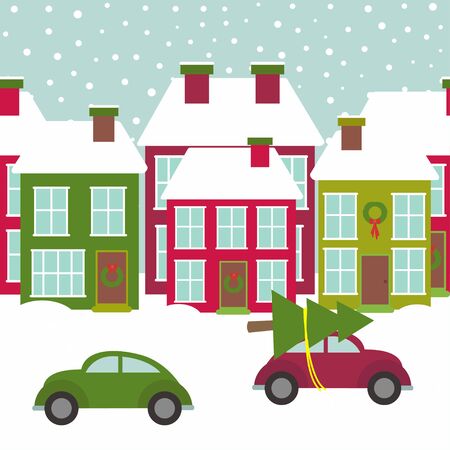 town street with houses and cars in winter timeのイラスト素材