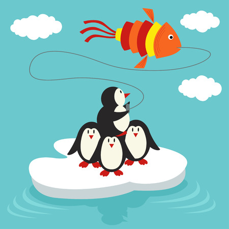 penguins on ice floe launch a kite in form of fishのイラスト素材