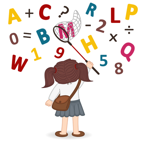 girl catches a net of letters and numbersのイラスト素材