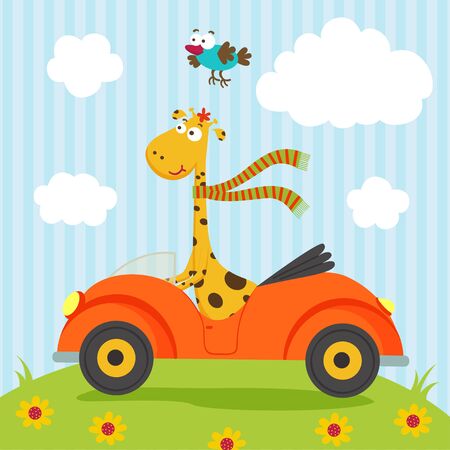 giraffe and bird go by carのイラスト素材
