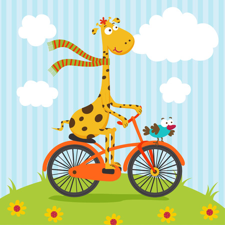 giraffe and bird riding on bicycleのイラスト素材