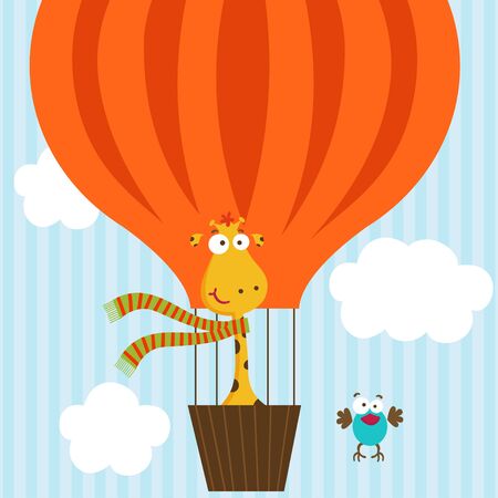 giraffe and bird on hot air balloonのイラスト素材