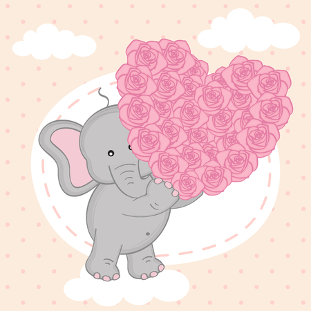 elephant holding heart of roses on cloud- vector illustrationのイラスト素材