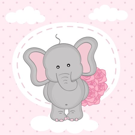 elephant with bouquet of roses on cloud - vector illustration,のイラスト素材