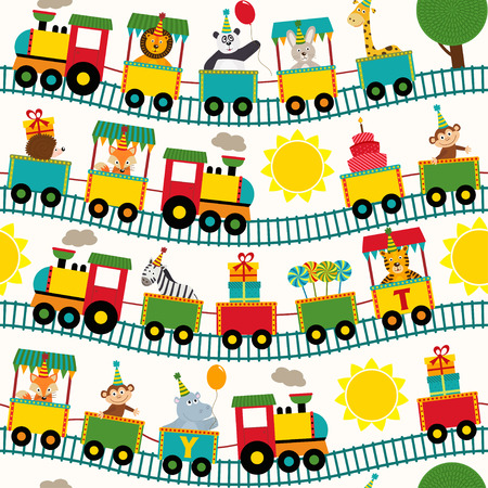 seamless pattern train with birthday characters - vector illustration, epsのイラスト素材