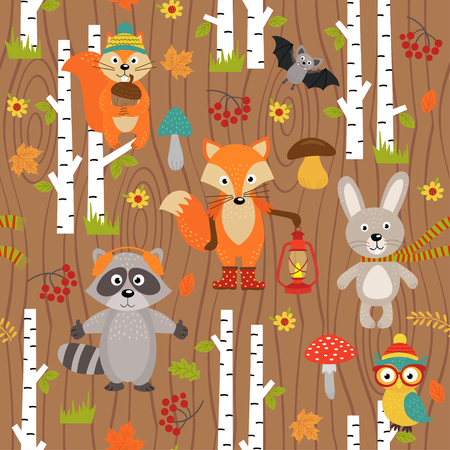 seamless pattern with animals of forest on brown background- vector illustration, epsのイラスト素材