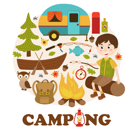 camping elements and boy - vector illustration, epsのイラスト素材