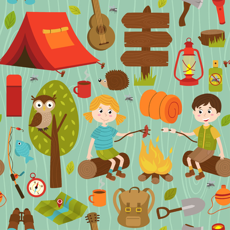 seamless pattern with camping elements and characters - vector illustration, epsのイラスト素材