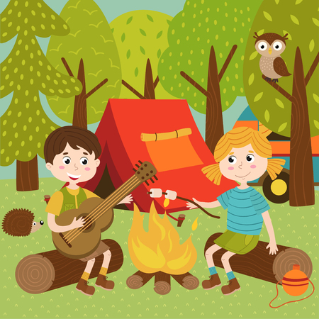 Children near bonfire in summer camp - vector illustration, epsのイラスト素材