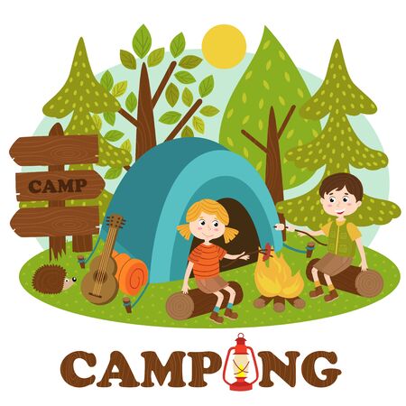 Children near bonfire in summer camp - vector illustration, epsのイラスト素材