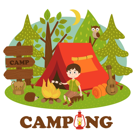 Boy near bonfire in summer camp - vector illustration, epsのイラスト素材