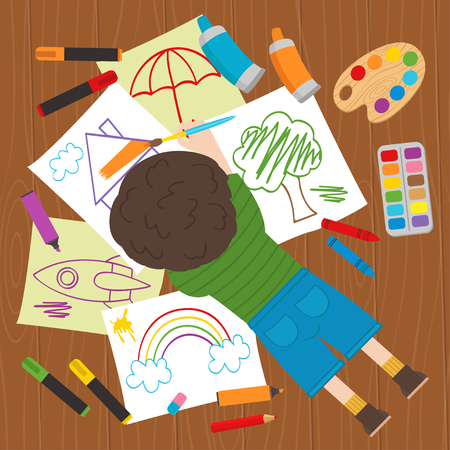 boy draws on the floor - vector illustration, epsのイラスト素材