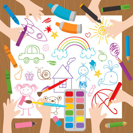 children draw at the desk - vector illustration, epsのイラスト素材