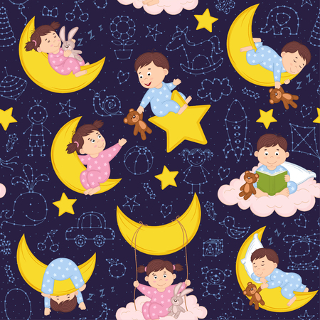 seamless pattern with babies on the moon - vector illustration, epsのイラスト素材