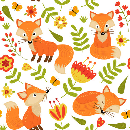 seamless pattern with fox in flowers - vector illustration, epsのイラスト素材