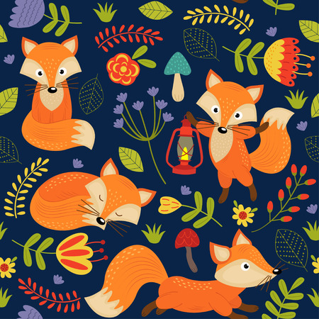 Seamless pattern fox on purple background - vector illustration, epsのイラスト素材