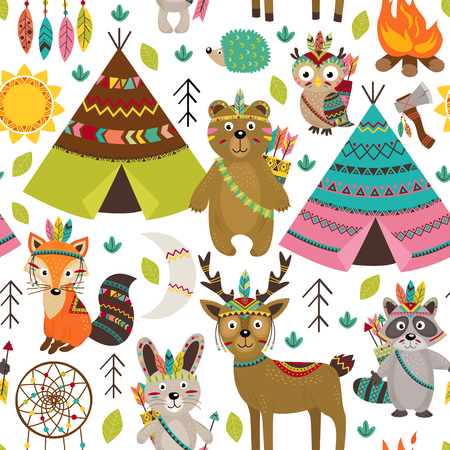 Seamless pattern with tribal animals and elements - vector illustration, epsのイラスト素材