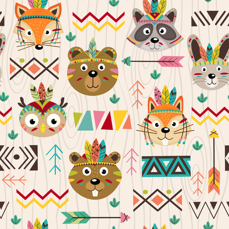 Seamless pattern with tribal animals faces - vector illustration, epsのイラスト素材